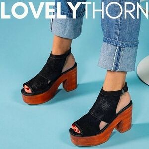 ROAN by BED STU // jojo embossed suede peep toe wooden platform chunky heels